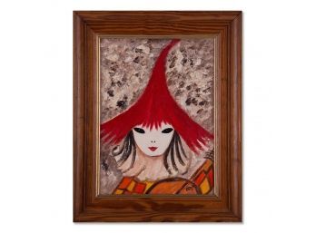 Vintage Modernist Original Oil 'Girl With Red Hat'