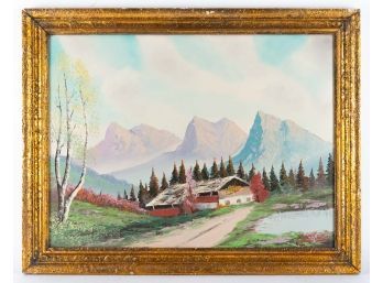 Vintage Landscape Oriignal Oil 'House In Mountain'