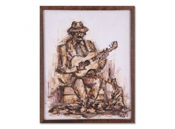 Vintage Abstract Original Oil Painting 'Man With Guitar'