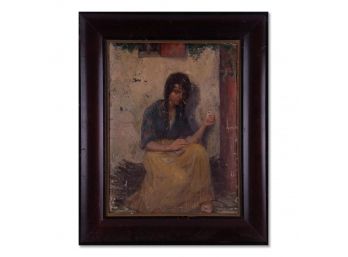 Antique Traditional Original Oil 'Girl Playing Poker'