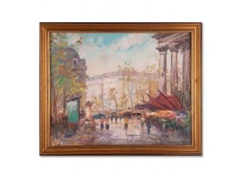 Vintage Impressionist Oil Painting 'Flower Market In The City'
