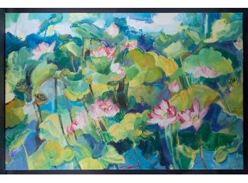 Huge Floral Original Oil Painting 'Lotus Pond'