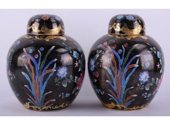 A Pair Of Qian Long Famille Noir Floral Urns