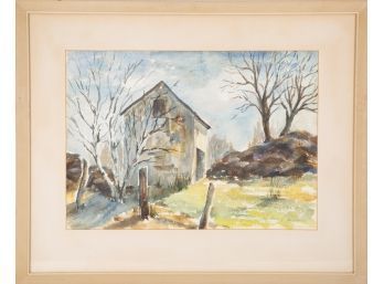Post Impressionist Original Watercolor On Paper 'Tree And House'