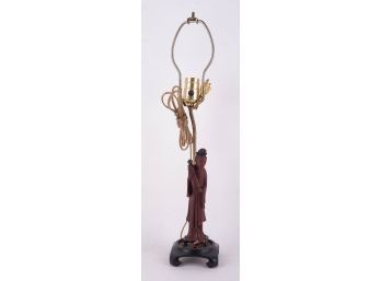 Vintage Chinese Table Lamp With Wood Sculpture