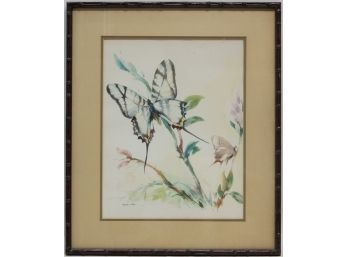 Vintage Oriental Watercolor On Paper 'Butterfly'