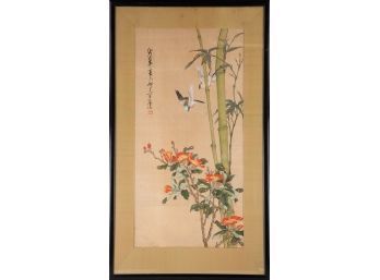 Asian Original Watercolor On Silk 'Flower,Bird And Bamboo'