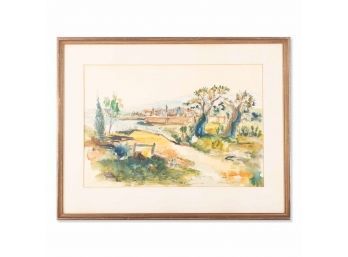 Impressionist Watercolor On Paper 'Lake Landscape'