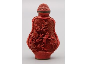 Vermilion Flower And Bird Relief Lacquerware Snuff Bottle