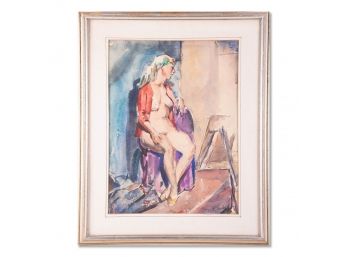Vintage Post Impressionist Watercolor 'Sitting Nude Girl'