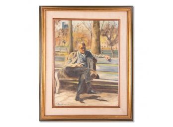 Large Vintage Impressionist Oil 'Man Sitting On Bench'