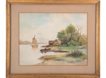 Early 20th Century Watercolor 'River Near House'