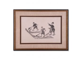 Vintage Chinese Stone Rubbing On Paper 'Farming'