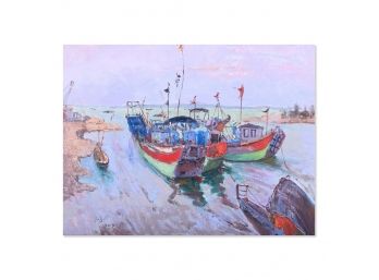 Modernist Original Oil By Artist Xinsheng Zhuang 'Boats 3'