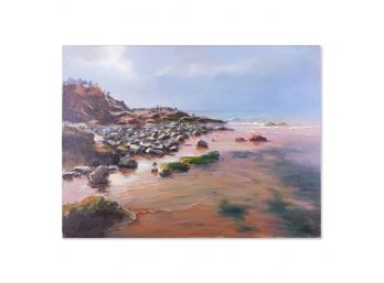 Impressionist Oil On Canvas By Artist Jing Hong 'Beach Scene'