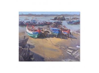Impressionist Original Oil By Artist Dongxing Huang 'Moored Boats'