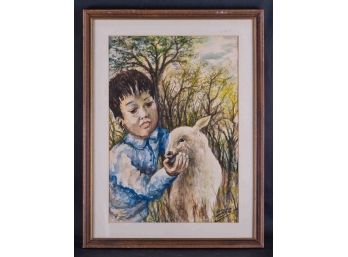 Vintage American Impressionist Watercolor On Paper 'Boy And Lamb' Signed