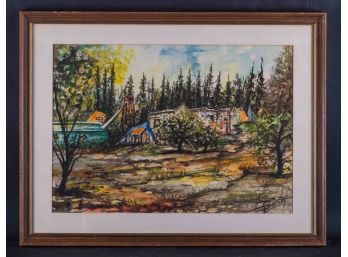 Vintage American Impressionist Original Watercolor 'Summer Camp View' Signed