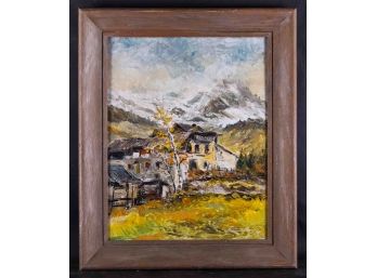 Mid Century European Impressionist Oil On Tin 'House Near Mountain' Signed