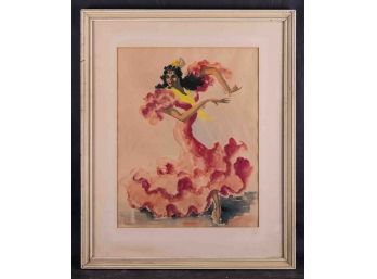 Watercolor 'Female Dancer In Red' Signed