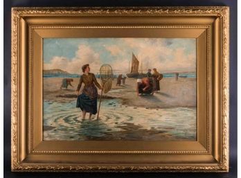 Large Antique Listed Artist E. Mackey Oil Painting 'Catching Fishes' Signed