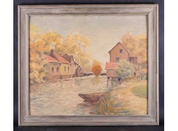 Early 20th Century American Impressionist Oil Painting 'Watermill Scene' Signed