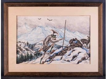 Mid Century Modernist Watercolor Painting 'Mountain Climber' Signed Dated