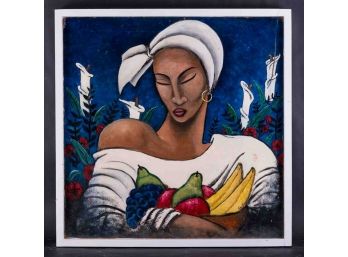 Contemporary Modernist Island Painting 'African Lady With Fruits' Signed Charles Vernon Dated