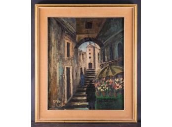 Vintage European Original Oil Painting 'By The Stairs'