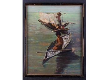 Vintage Dated 1976 Oriental Realist Oil Painting 'Boys On Fishing Boats''