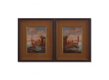 Vintage A Pair Of Oil On Board 'Fishing Boats'