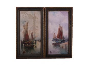 A Pair Of 20th Century Impressionist Oil On Wood 'Fishing Boats'