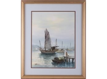 Contemp. Impressionist Watercolor On Paper 'Fishing Boats'