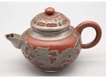 Tin Rim Teapot With Dragon Pattern Tea Pot Chop On The Bottom: YanTai / YIXing Pottery