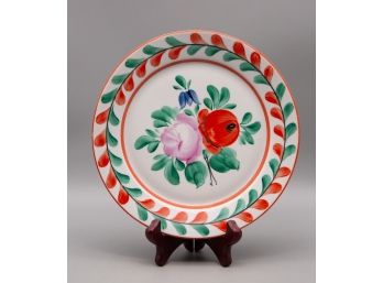 Hand Painted Porcelain Flower Plate With Hanger On The Back (Wood Stand For Display Only)