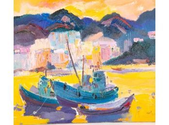 Impressionist Original Oil Painting 'Boats And Sunset'