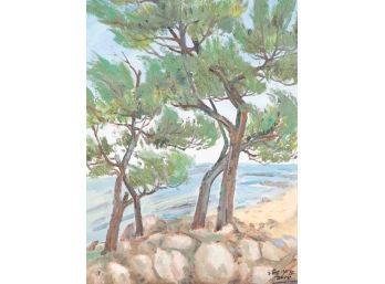 Impressionist Original Oil Paiting 'Trees By The Sea'