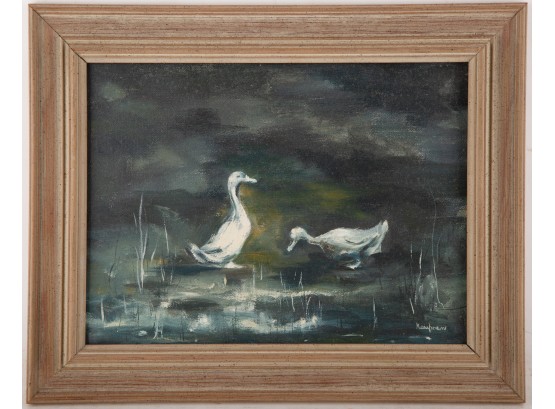 Vintage Animal Oil On Canvas 'White Ducks'