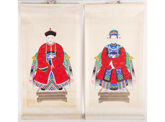 A Pair Of Vintage Chinese Portrait Chinese Watercolor 'Qing Dynasty Clothing'