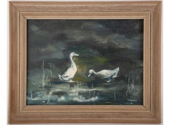 Vintage Animal Oil On Canvas 'White Ducks'