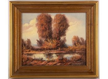 Vintage Landscape Oil On Canvas 'Next To The Pond'