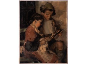 Vintage Traditional Print On Canvas 'Two Kids'