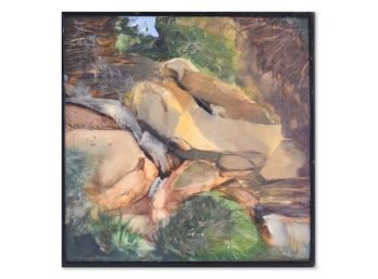 Small Impressionist Original Oil 'Rocks In Forest' Signed