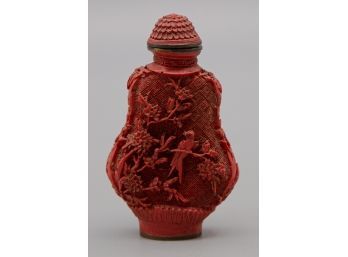 Vermilion Flower And Bird Relief Lacquerware  Snuff Bottle