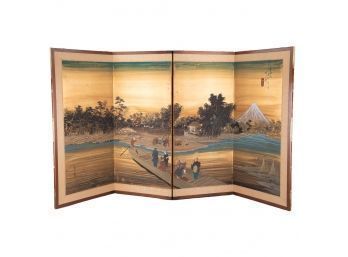 Antique Hand Painted Oriental Room Divider 'Fishermen Near Mount Fuji'