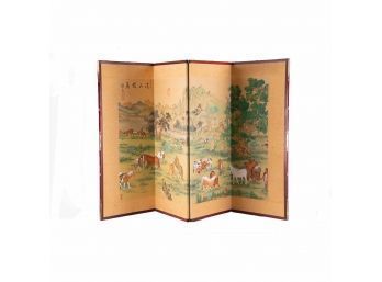Antique Chinese Watercolor Room Divider 'Horses Herding'