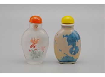 Vintage Goldfish / Flower Inner Painting And Lotus Leaf Snuff Bottle