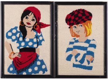 Vintage A Pair Of Cross Stitch On Fabric 'Girl And Boy'