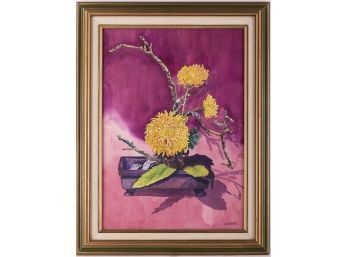 Vintage Modernist Watercolor On Paper 'Yellow Chrysanthemum'