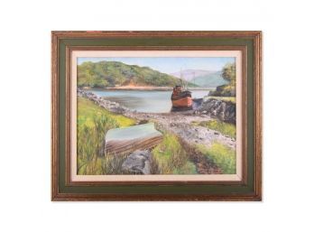 Vintage Impressionist Original Oil On Canvas 'Lake Scene'